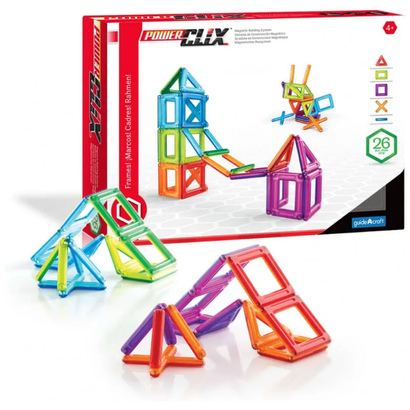 Blocos magnéticos PowerClix Frames Guidecraft com 26 peças coloridas para construção 3D e atividades STEM