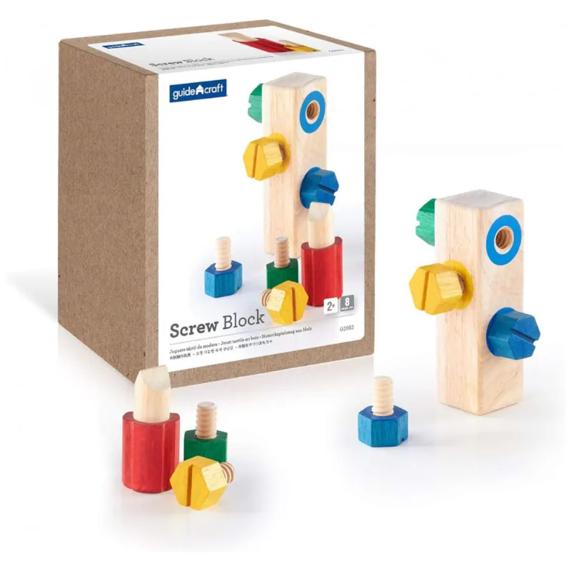 Brinquedo de encaixe Screw Block Guidecraft em madeira multicolorida para desenvolvimento de coordenação motora fina