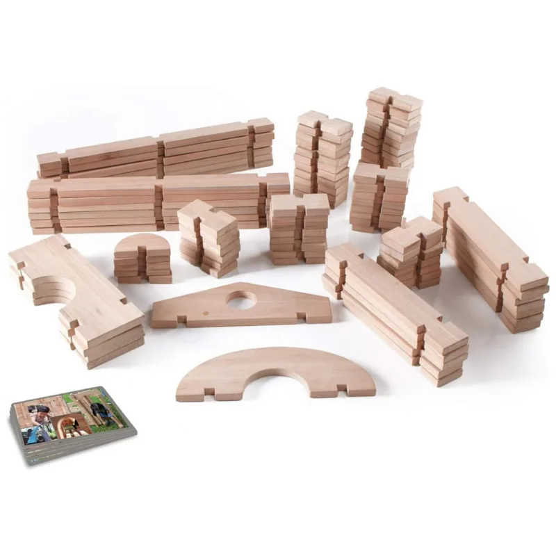 Blocos de construção Notch Blocks Guidecraft em madeira de eucalipto natural com 89 peças para uso interno e externo
