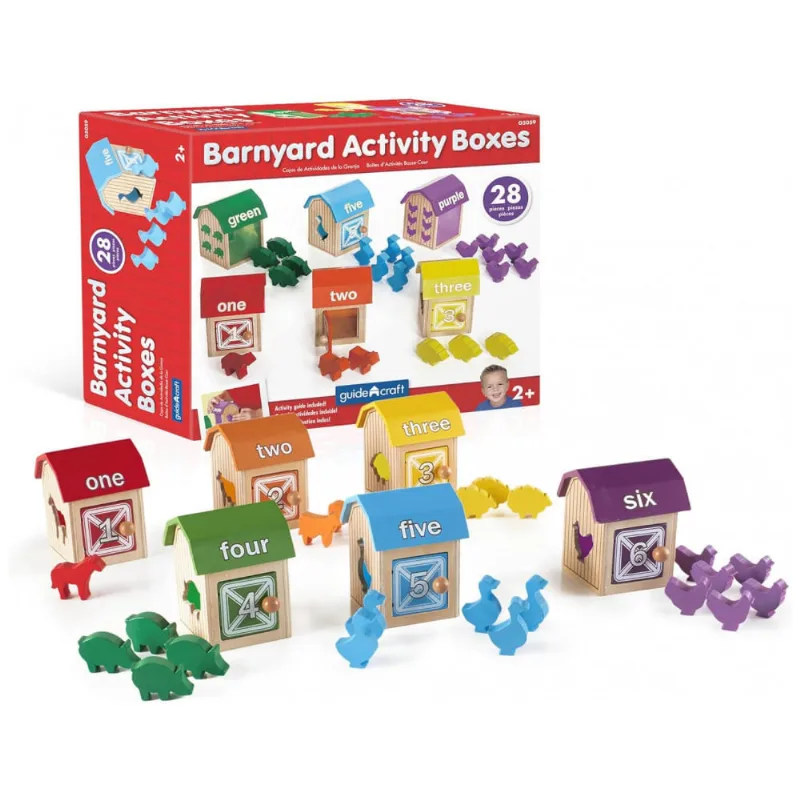 Conjunto de caixas de fazenda em madeira Guidecraft Barnyard Activity Boxes com 6 celeiros e 21 animais