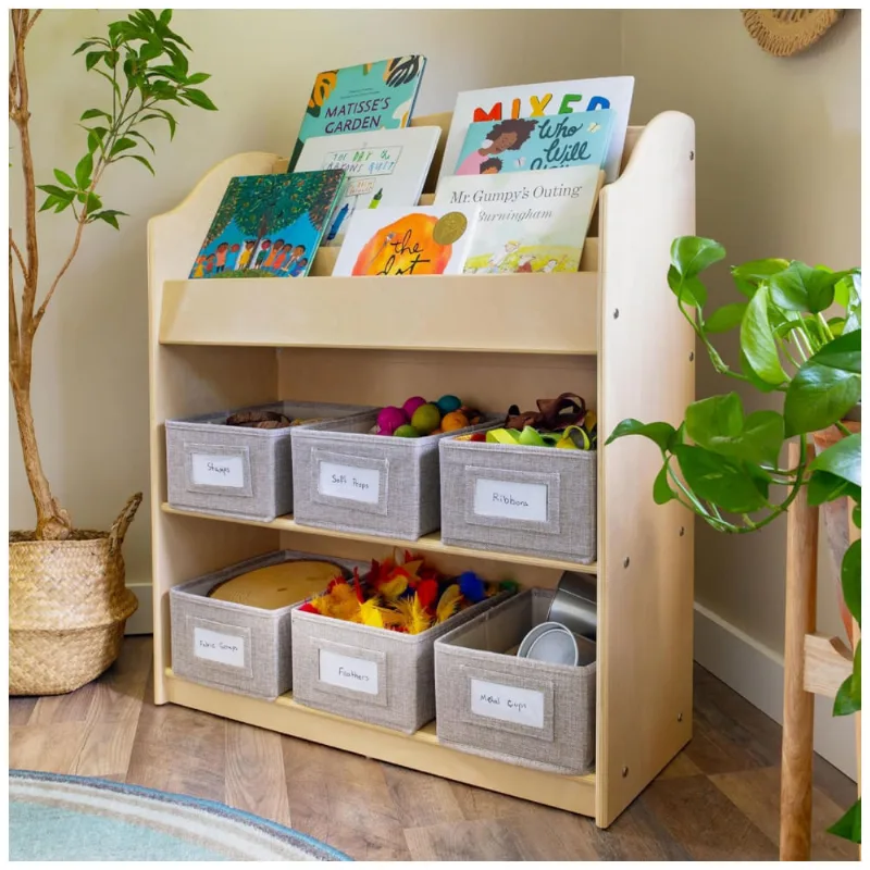 Estante infantil Guidecraft EdQ Book and Bin Browser Natural com exibição de livros e 6 caixas de tecido 91cm