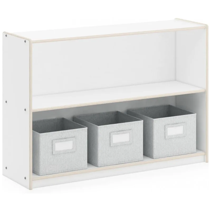 Estante baixa Guidecraft EdQ Two Shelf Open Storage 30" Branca com 2 prateleiras abertas e 3 caixas de tecido 107cm