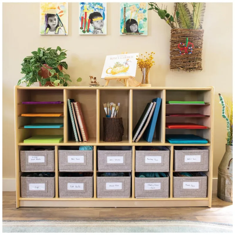Estante infantil 5 prateleiras com 10 nichos Guidecraft EdQ Natural em madeira bétula para livros e brinquedos 122cm