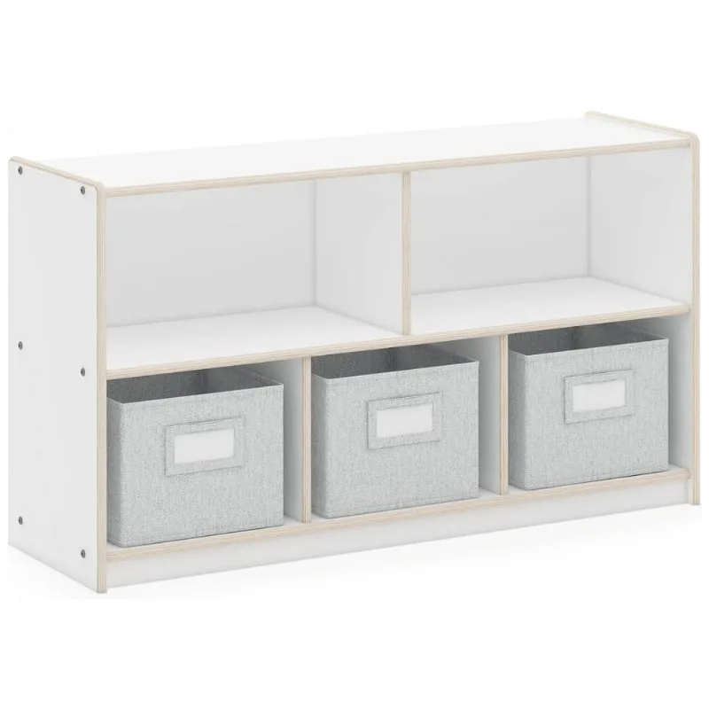 Estante infantil 2 prateleiras 5 compartimentos Guidecraft EdQ Branca com 3 caixas de tecido em madeira bétula 61cm