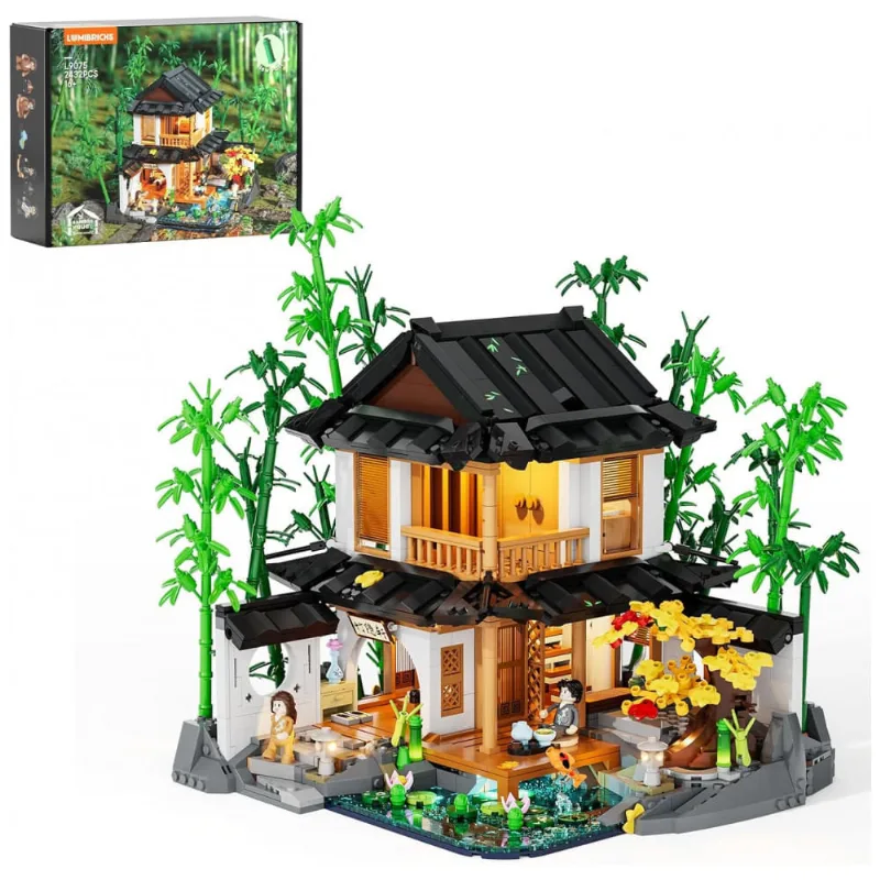 Conjunto de construção Lumibricks Bamboo House 2432 peças com iluminação LED e casa de bambu em estilo jardim chinês
