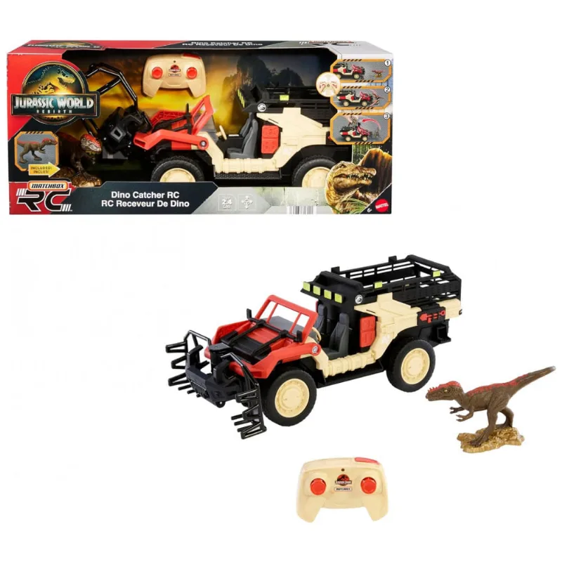 Caminhão de controle remoto Matchbox RC Jurassic World Ribirth Dino Catcher com garra de captura e jaula para dinossauro