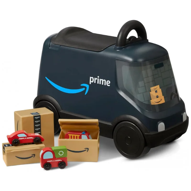 Carrinho de empurrar infantil Radio Flyer furgão de entrega Amazon azul com compartimento sob o assento