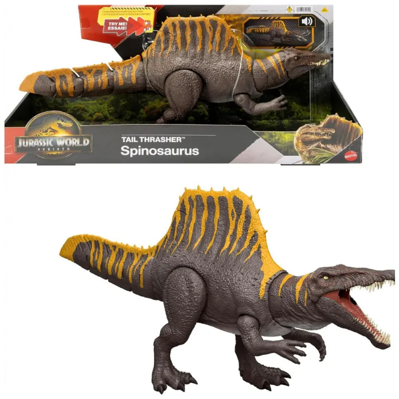 Figura de ação Mattel Jurassic World Rebirth Spinosaurus Tail Thrasher articulada com dupla ação de ataque