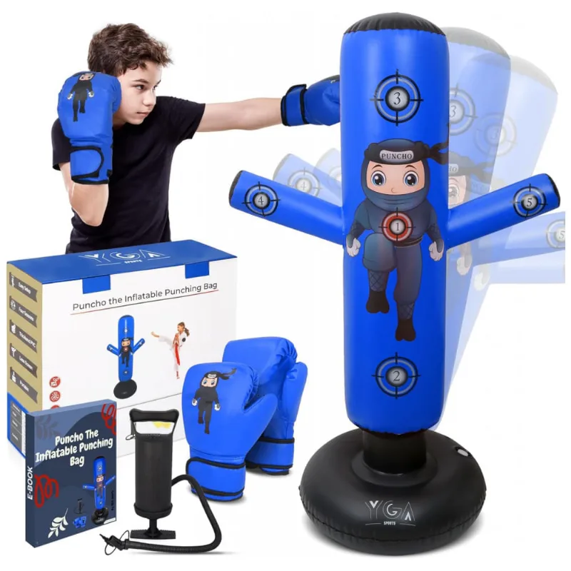 YGA Sports Puncho - Kit Completo com Bolsa de Pancadas Inflável 160 cm para Crianças com Luvas, Bomba e eBook