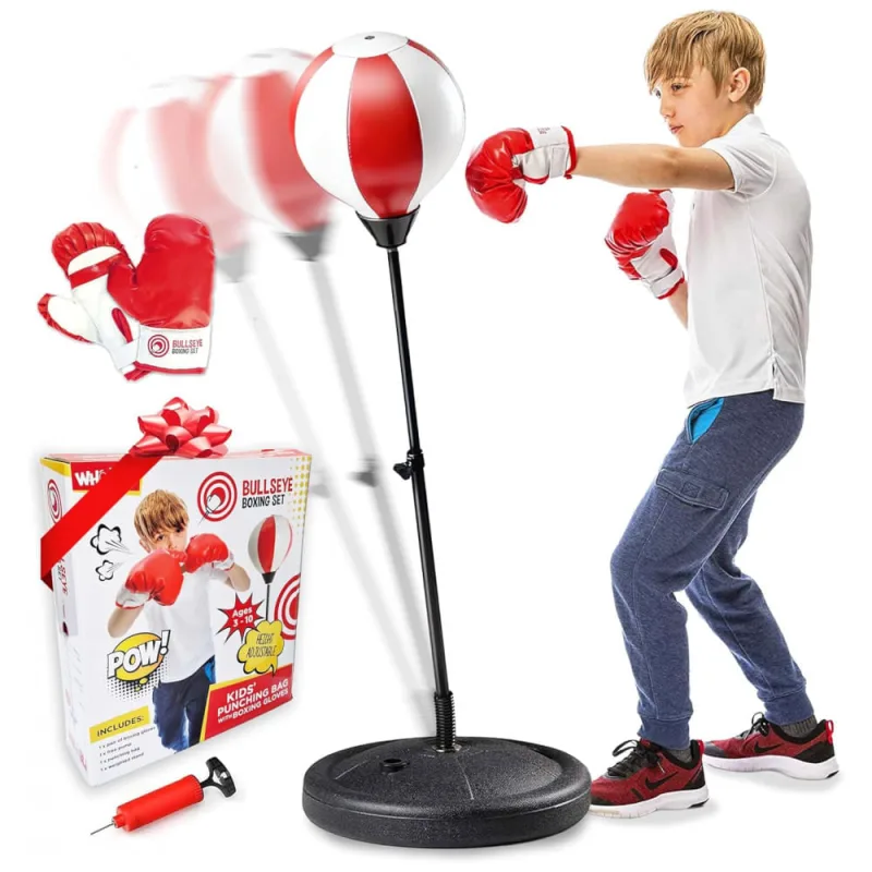 whoobli Kit de Saco de Pancada Infantil Ajustável com Luvas de Boxe - Brinquedo Esportivo para Crianças de 3 a 10 Anos Vermelho e Branco - Ecletiq