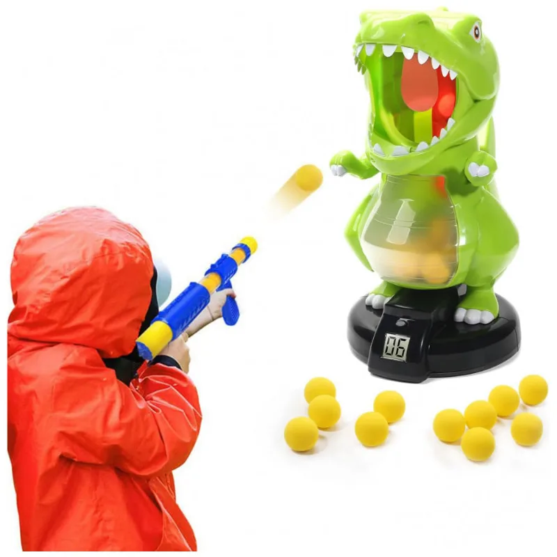 EagleStone Brinquedo de Tiro Dinossauro com Canhão de Ar, 24 Bolinhas de Espuma, Jogo Eletrônico com Placar LCD, Som e Bomba Manual - Presente Ideal