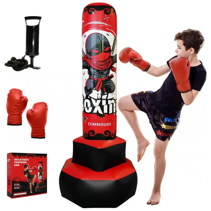 Saco de Pancadas Infantil Inflável COMMOUDS Vermelho 170 cm com Luvas e Base Larga