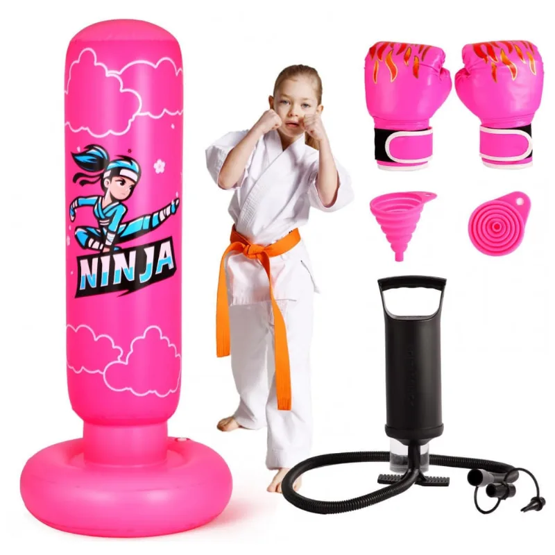 Saco de pancadas inflável infantil Onirii ninja rosa, 168cm, PVC, com luvas e bomba de