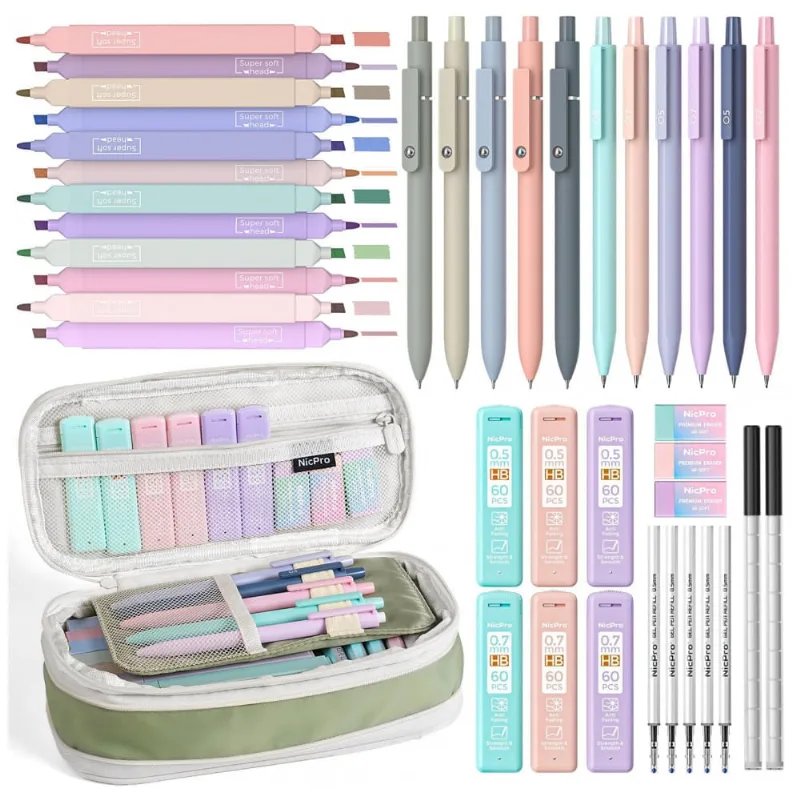Kit escolar 39 peças Nicpro verde com estojo e marcadores pastel para escrita e destaque