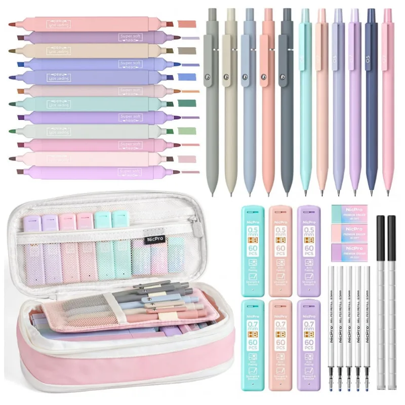 Kit escolar 39 peças Nicpro rosa com estojo e marcadores pastel para escrita e destaque