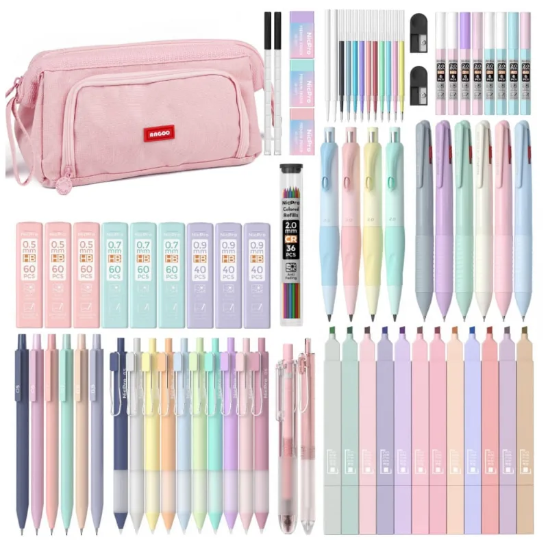 Kit escolar 78 peças Nicpro pastel com estojo rosa, marcadores, canetas em gel, lapiseiras e canetas multicoloridas