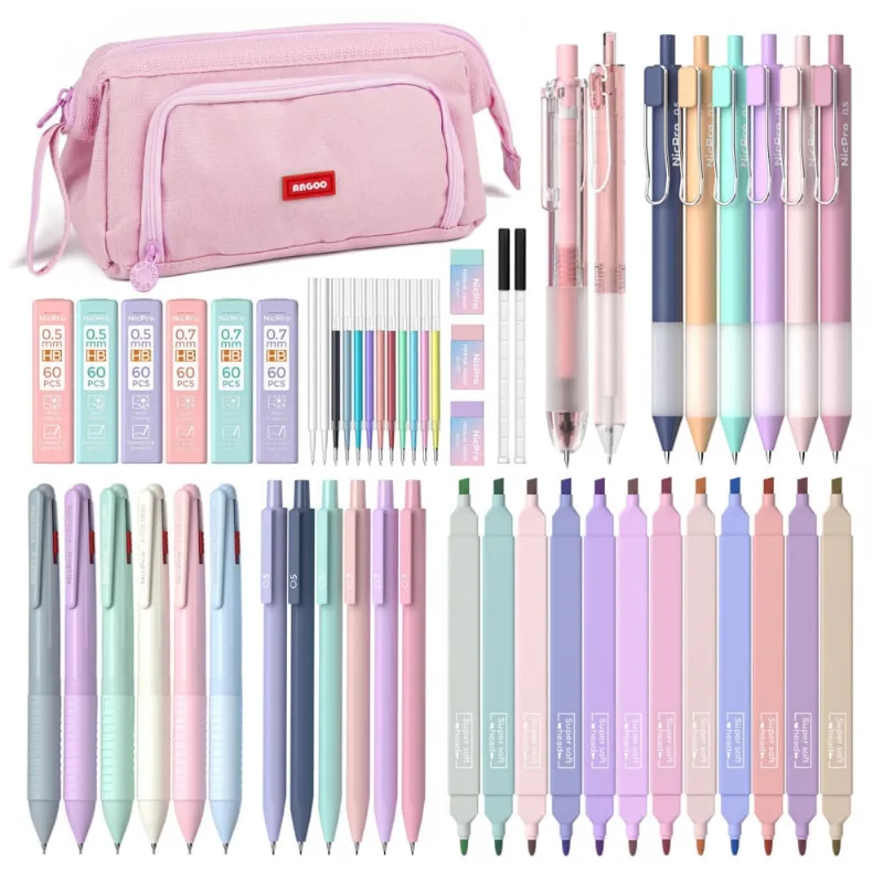 Kit escolar 52 peças Nicpro pastel com estojo rosa, marcadores, canetas em gel, lapiseiras e canetas multicoloridas