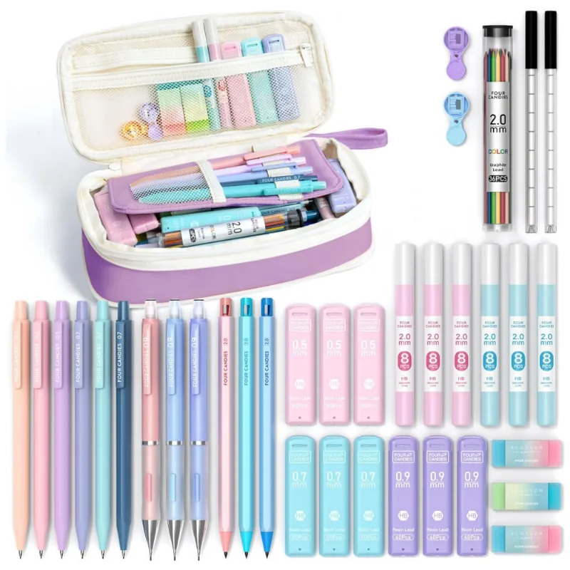 Conjunto 36 peças Four Candies roxo com estojo e lapiseiras 0,5 mm, 0,7 mm, 0,9 mm e 2,0 mm para escrita e desenho