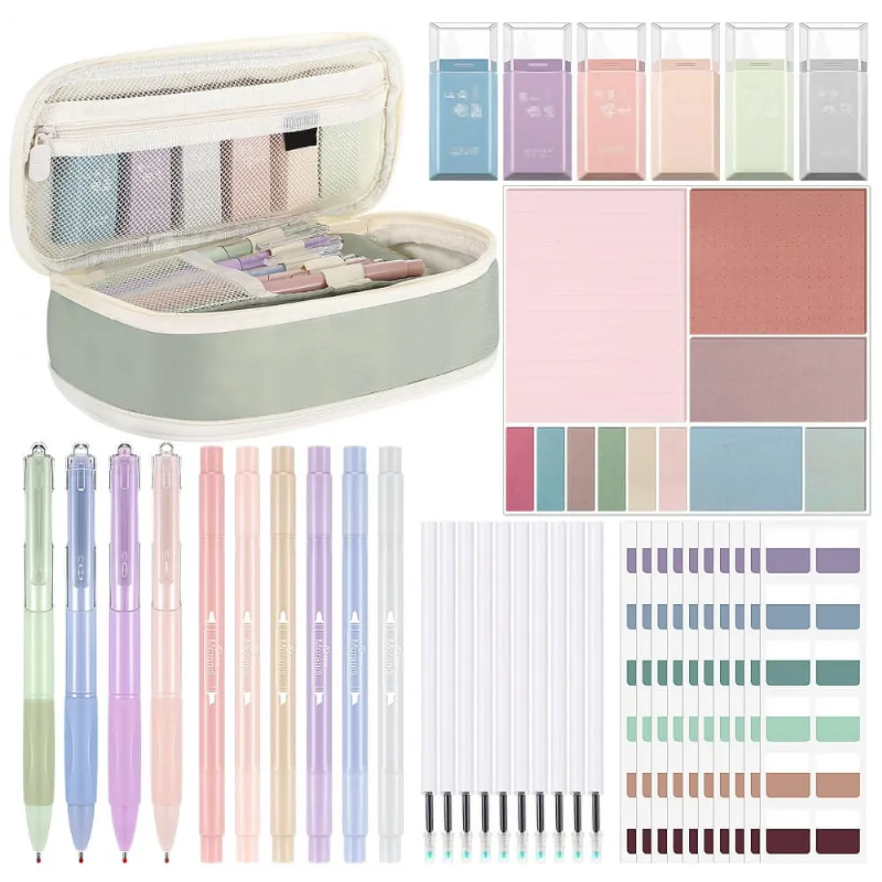 Kit escolar estético Janlaugh 38 peças com estojo, canetas, marcadores, fitas corretivas, notas adesivas e marcadores de página, cores Morandi