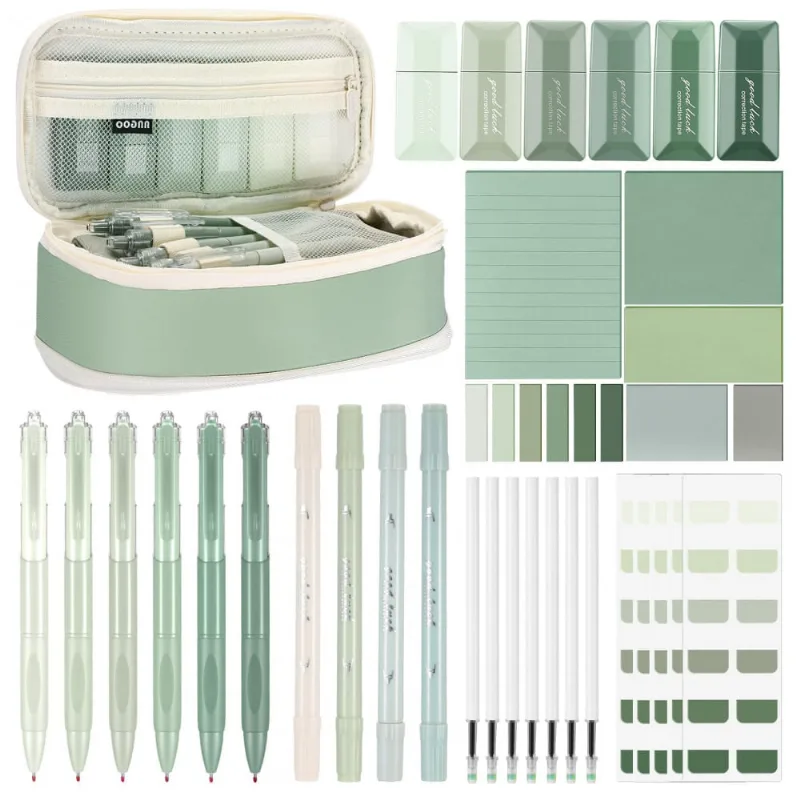 Kit escolar estético Janlaugh 38 peças com estojo, canetas, marcadores, fitas corretivas, notas adesivas e marcadores de página, verde sage clássico
