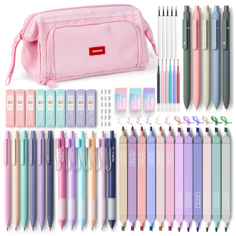 Kit escolar estético Nicpro 55 peças com estojo rosa, marcadores pastel, canetas em gel coloridas e pretas, lapiseiras e acessórios, multicolor