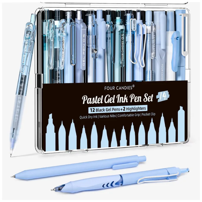 Canetas em gel Four Candies azul com tinta preta e azul e 2 marcadores pastel, ponta fina 0,5 mm retrátil, kit 14 peças para estudo e escritório