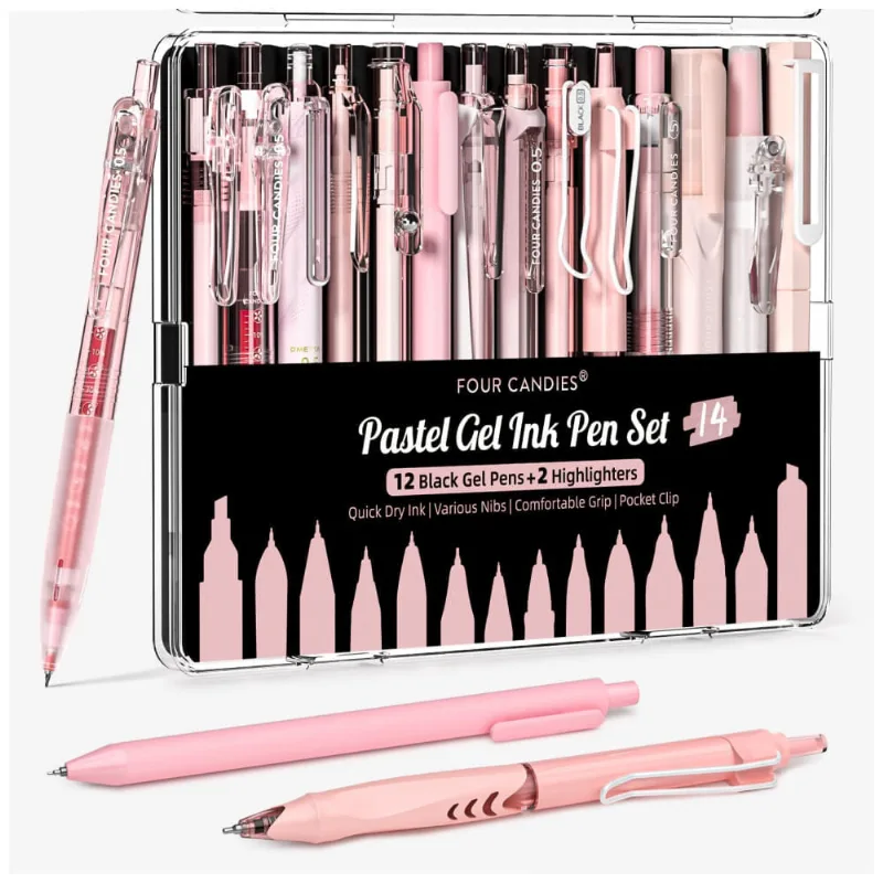 Canetas em gel Four Candies rosas com tinta preta e rosa e 2 marcadores pastel, ponta fina 0,5 mm retrátil, kit 14 peças para estudo e escritório