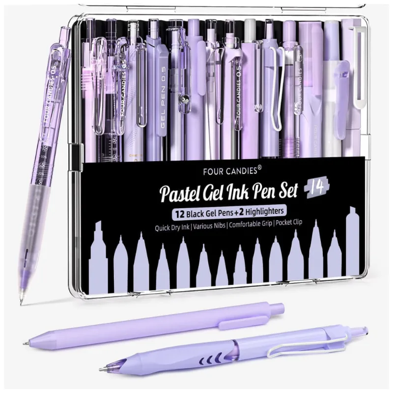 Canetas em gel Four Candies roxas com tinta preta e roxa e 2 marcadores pastel, ponta fina 0,5 mm retrátil, kit 14 peças para estudo e escritório