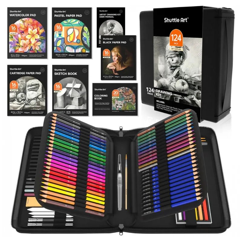 Kit de desenho Shuttle Art 124 peças com lápis de grafite, carvão, lápis de cor, aquareláveis, metálicos, pastéis e blocos de papel em estojo