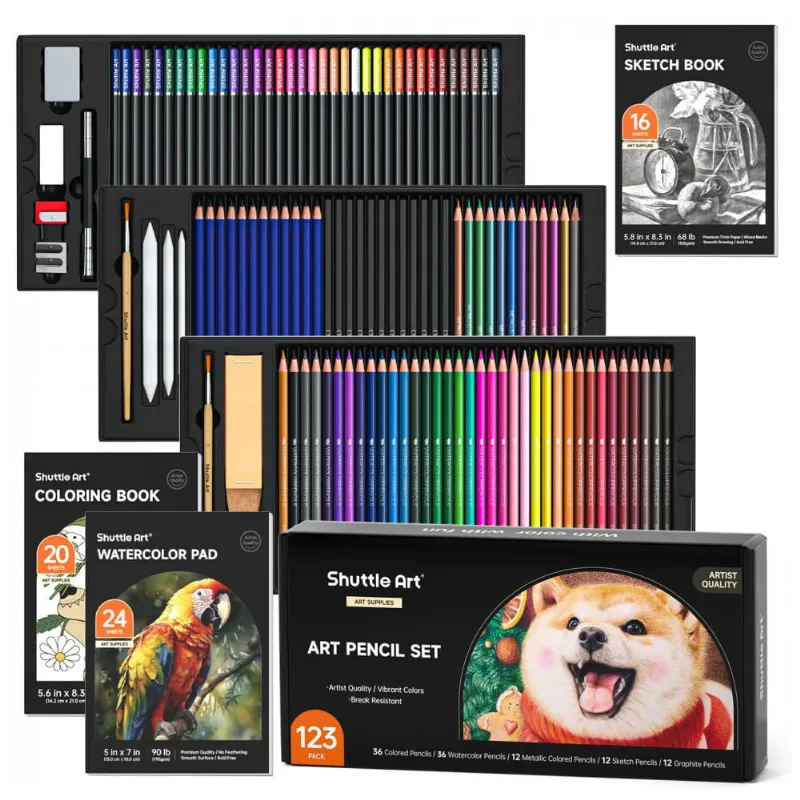 Kit de desenho profissional Shuttle Art 123 peças com lápis de cor, aquareláveis, metálicos, grafite, carvão, blocos e acessórios em estojo com zíper