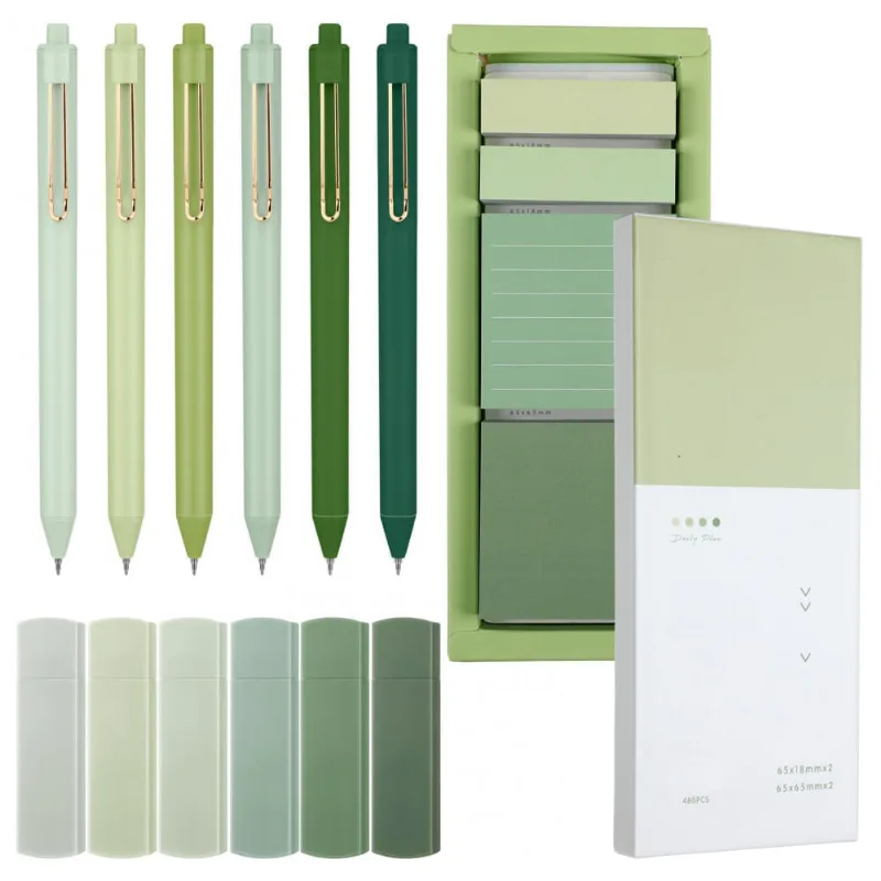 Conjunto de papelaria estética verde Resurhang com post-its, 6 fitas corretivas, 6 canetas 0,5 mm e marcadores de página
