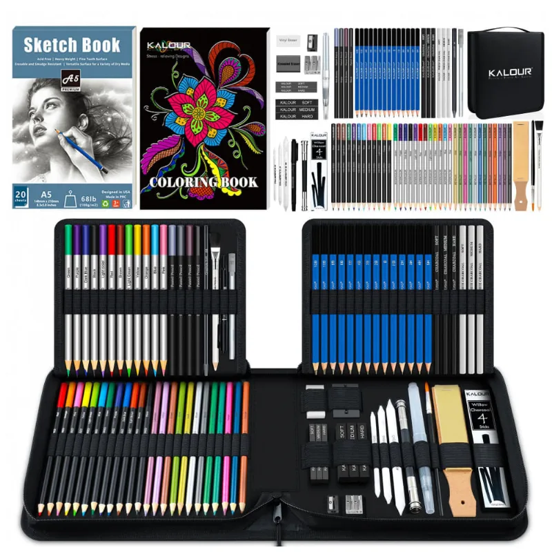 Kit de desenho 82 peças KALOUR com lápis grafite, cor, aquarela, metálico, pastel, sketchbook e estojo nylon preto