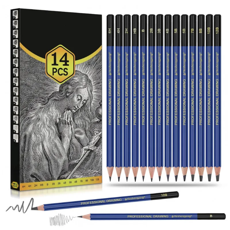 Kit de lápis grafite 14 peças Daerthotk 12B a 6H para desenho, esboço e sombreamento com corpo triangular ergonômico