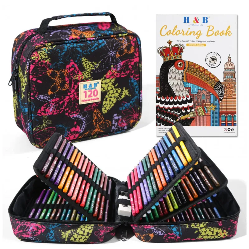 Conjunto 120 lápis de cor H & B com livro para colorir, borracha e apontador, minas óleo macias para desenho e pintura