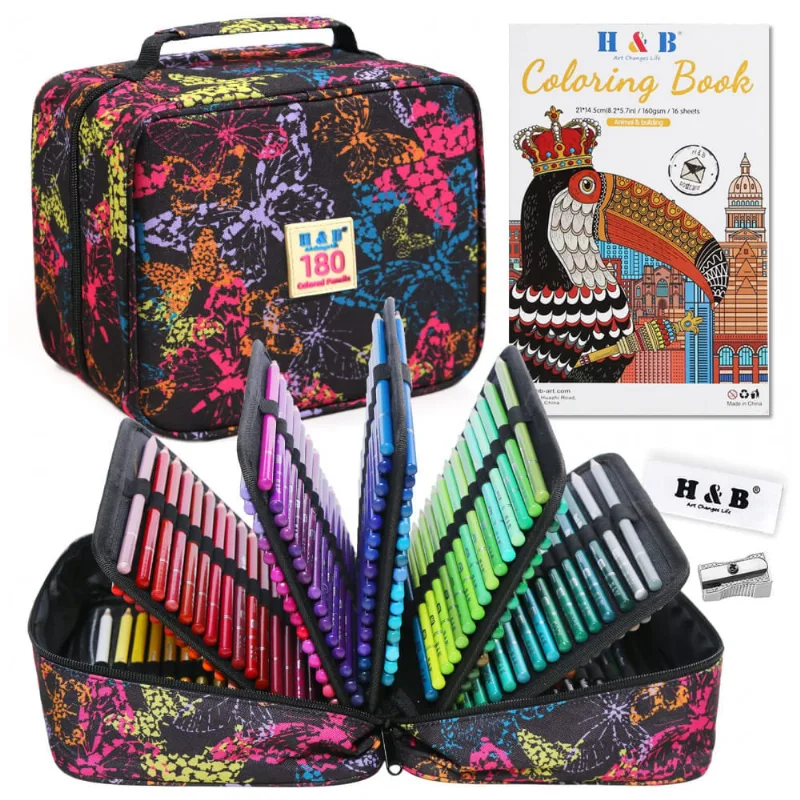Conjunto 180 lápis de cor H & B com livro para colorir, borracha e apontador, minas óleo macias para desenho e pintura