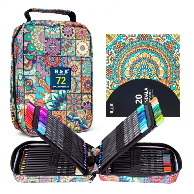 Conjunto 72 lápis de cor H & B com estojo mandala, livro para colorir, borracha e apontador, minas óleo macias