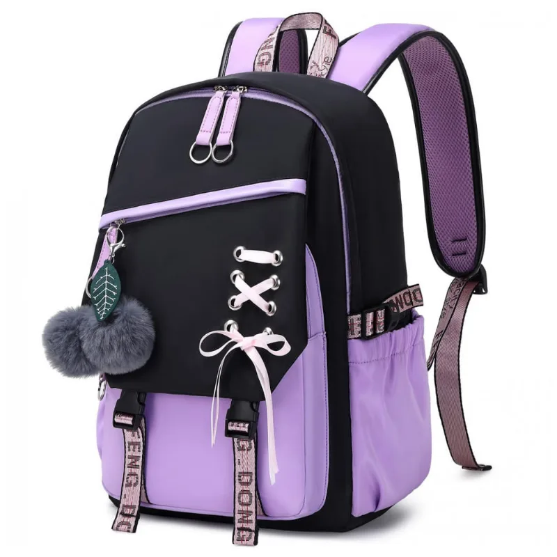 Mochila FENGDONG roxa para adolescentes, estilo kawaii com laço e pompom, para notebook até 15,6"