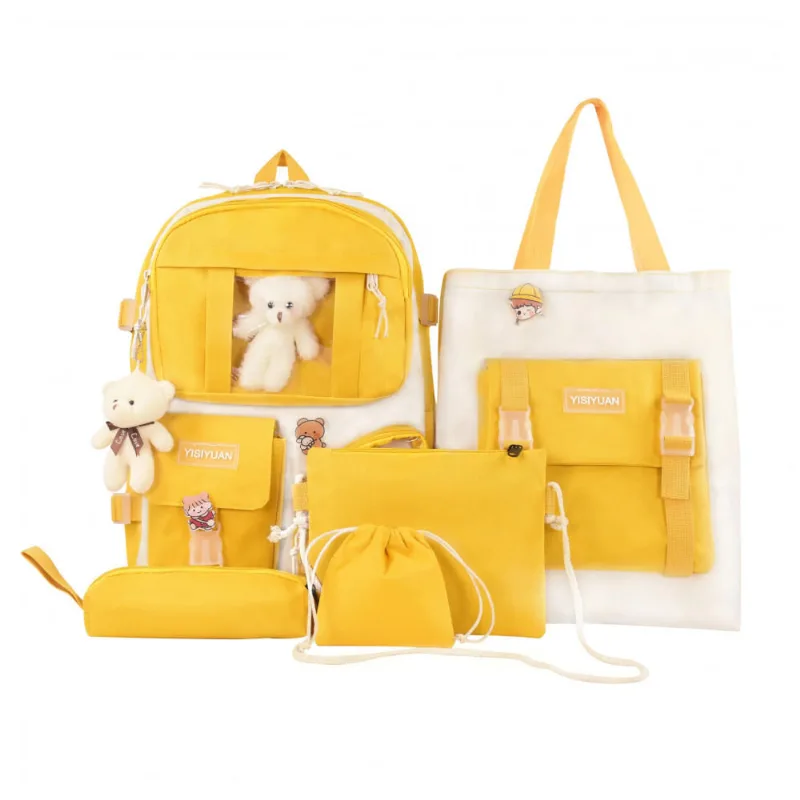 Mochila escolar kawaii Lifelix feminina 5 peças, nylon leve, com bolsa tiracolo, estojo, bolsa de mão e porta-moedas, amarela