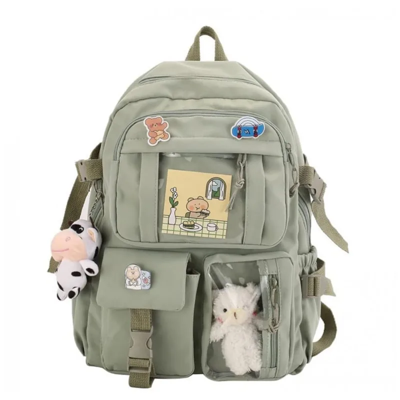 Mochila Eagerrich verde com pingentes e pinos decorativos, grande capacidade, impermeável