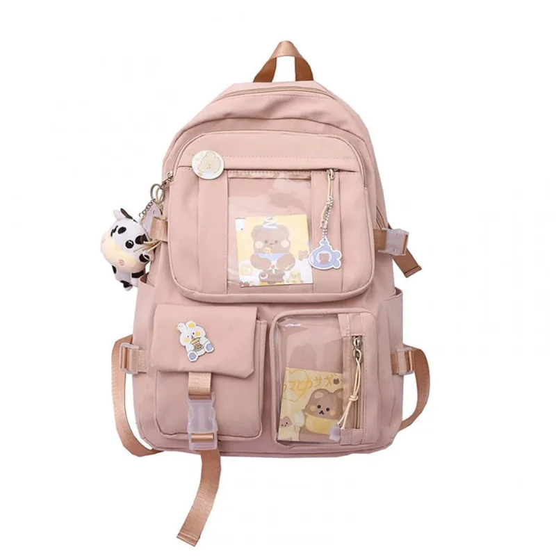 Mochila Eagerrich rosa com pingentes e pinos decorativos, grande capacidade, impermeável