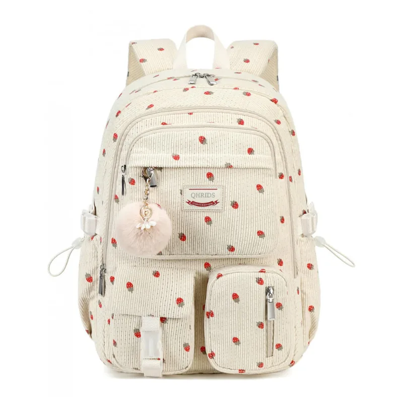 Mochila escolar QHRIDS corduroy bege com estampa de morangos, para notebook 38 cm, grande capacidade com bolso antirroubo