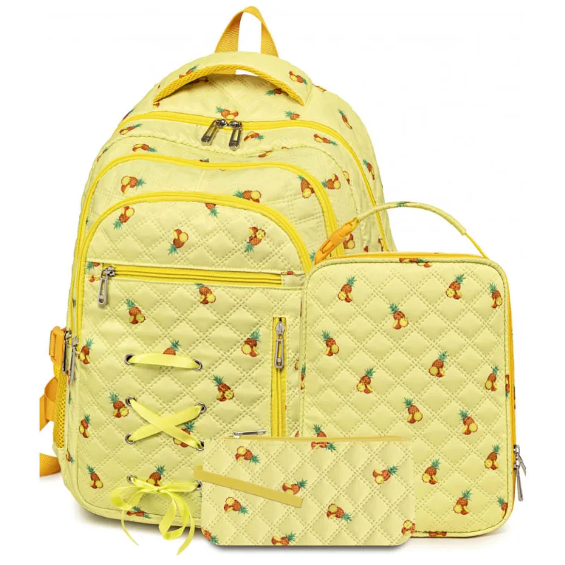 Mochila escolar com estampa de abacaxi com lancheira e estojo para meninas e adolescentes, 17", múltiplos compartimentos