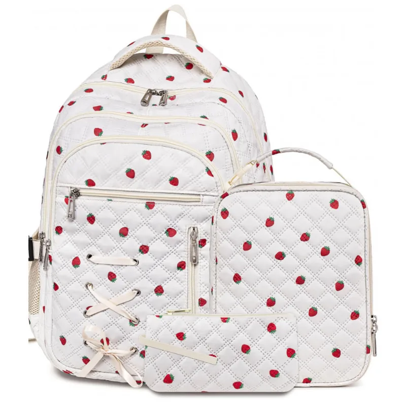 Mochila escolar com estampa de morangos com lancheira e estojo para meninas e adolescentes, 17", múltiplos compartimentos