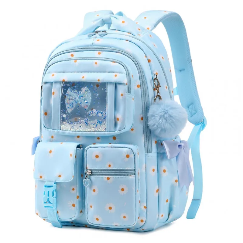 Mochila escolar PIG PIG GIRL azul com margaridas, 21,8 L, múltiplos compartimentos