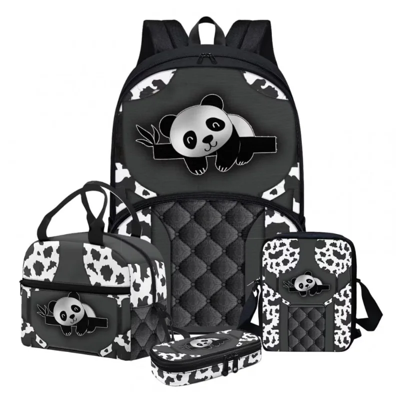 Mochila escolar gearider prata com estampa de pandas 4 em 1 com lancheira, bolsa tiracolo e estojo