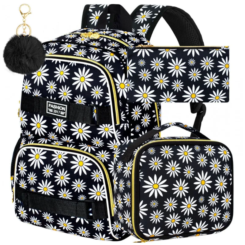 Mochila AGSDON 3PCS Daisy preta para notebook 17" com lancheira e estojo