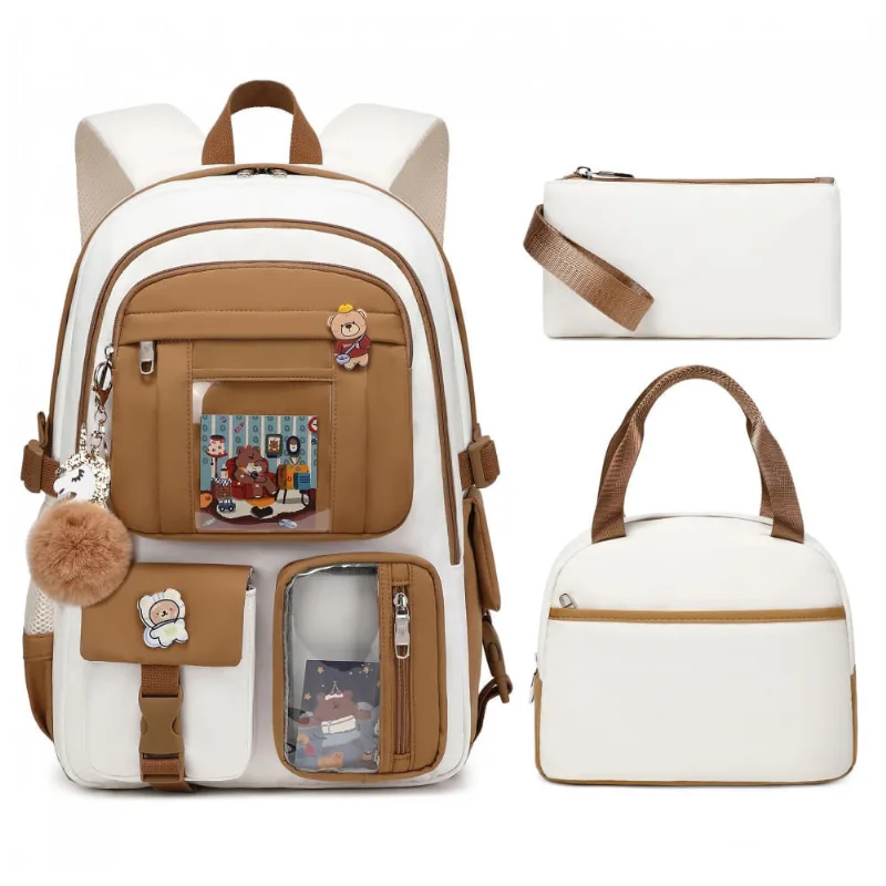 Mochila LXYGD 3 em 1 bege e cáqui para notebook até 16", com lancheira e estojo, impermeável