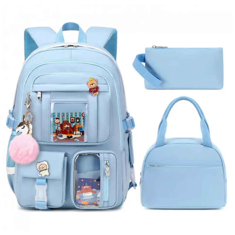Mochila 3 em 1 azul para notebook até 16", com lancheira e estojo, estilo kawaii