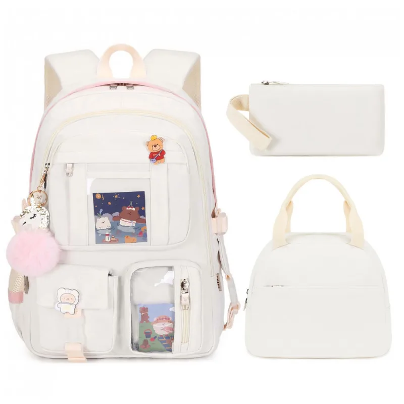 Mochila LXYGD 3 em 1 off-white para notebook até 16", com lancheira e estojo, impermeável