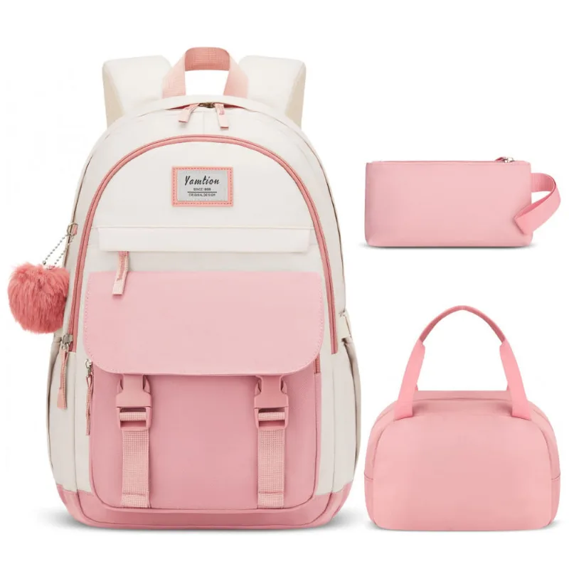 Mochila escolar YAMTION feminina juvenil, conjunto 3 peças com lancheira, estojo, compartimento para notebook 39,6 cm e porta USB